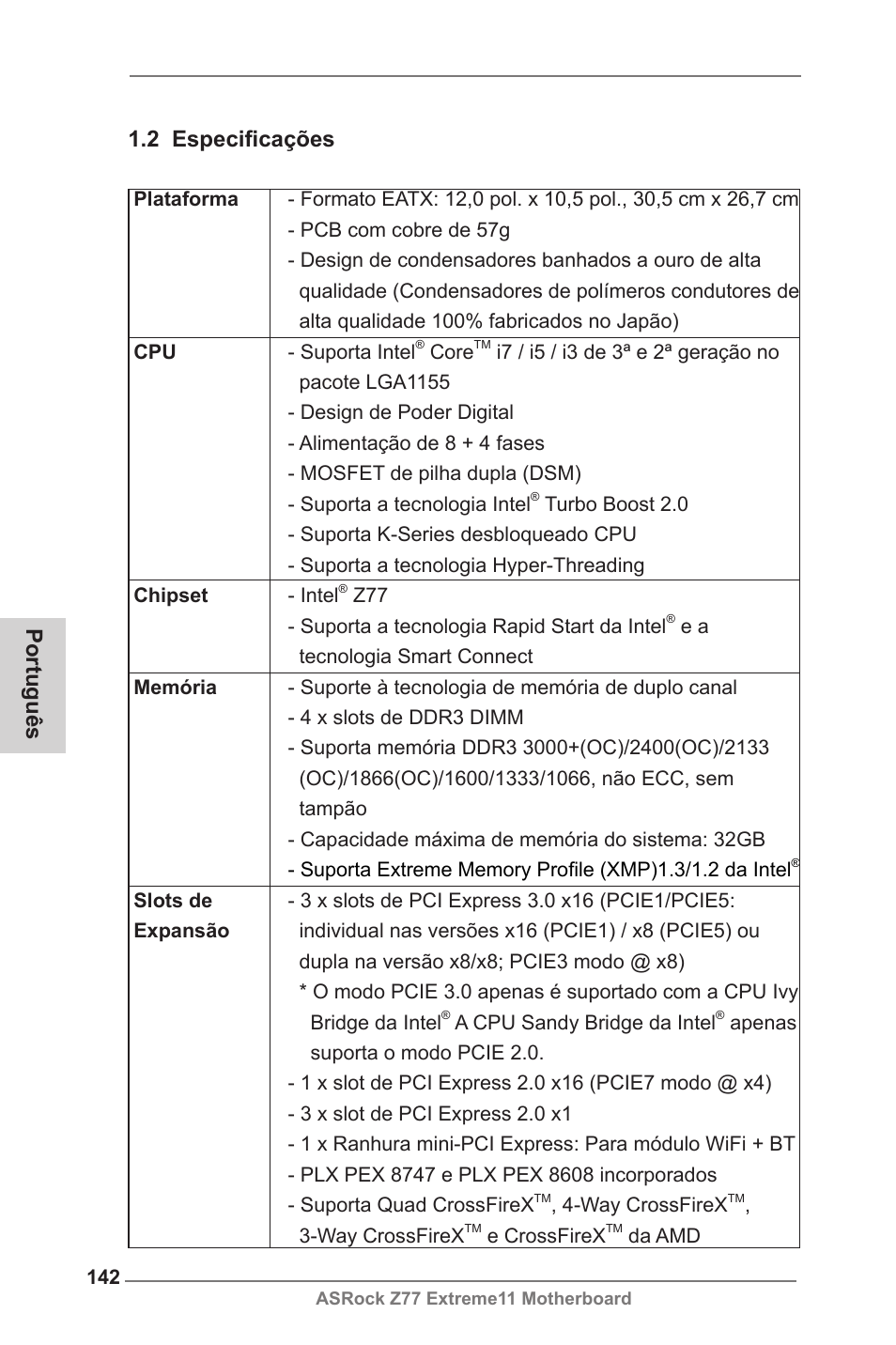 Português 1.2 especificações | ASRock Z77 Extreme11 User Manual | Page 142 / 241