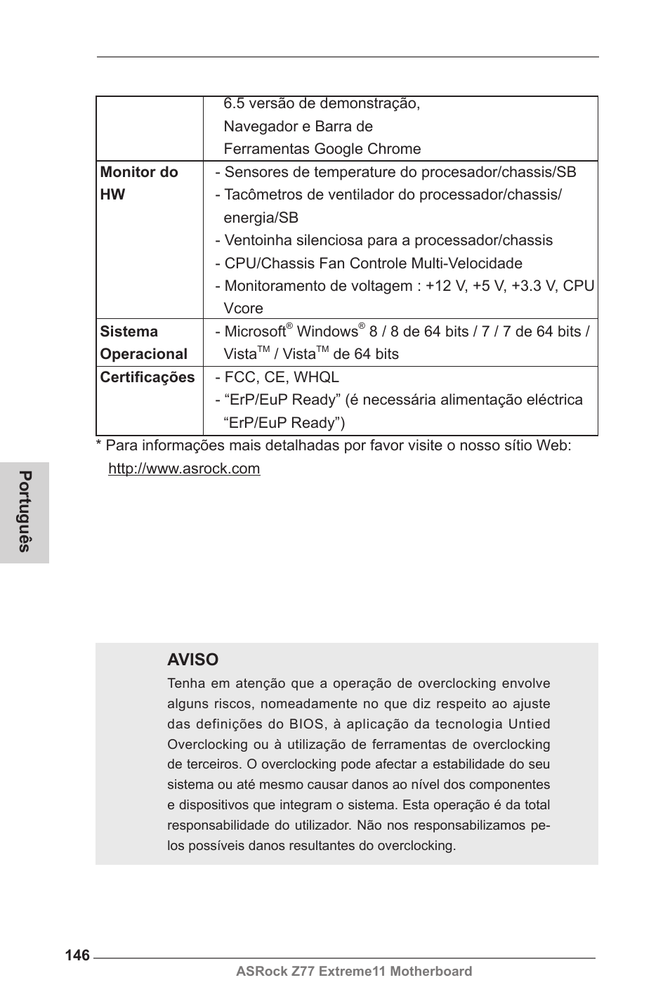 Português, Aviso | ASRock Z77 Extreme11 User Manual | Page 146 / 241