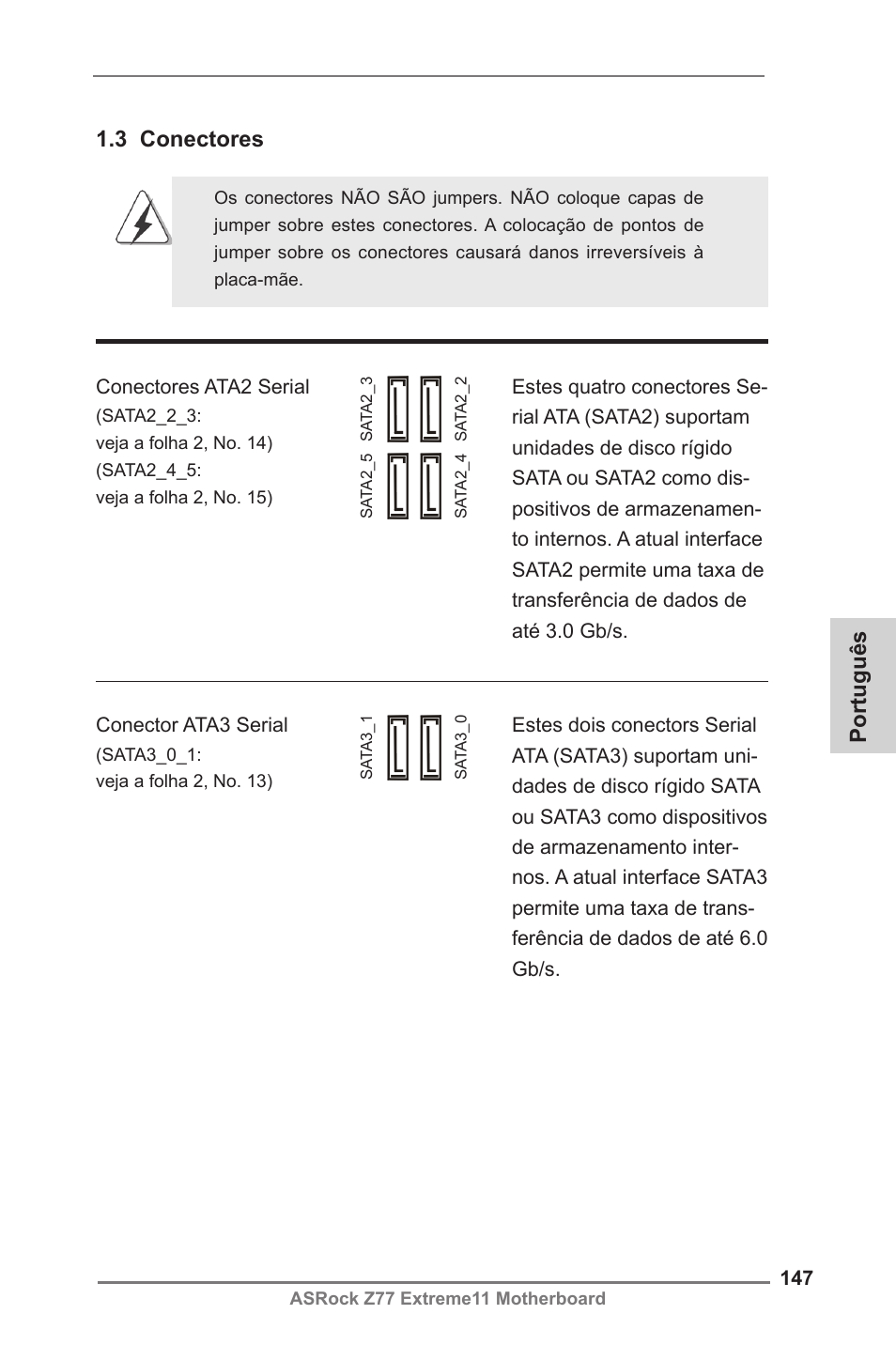 Português, 3 conectores | ASRock Z77 Extreme11 User Manual | Page 147 / 241