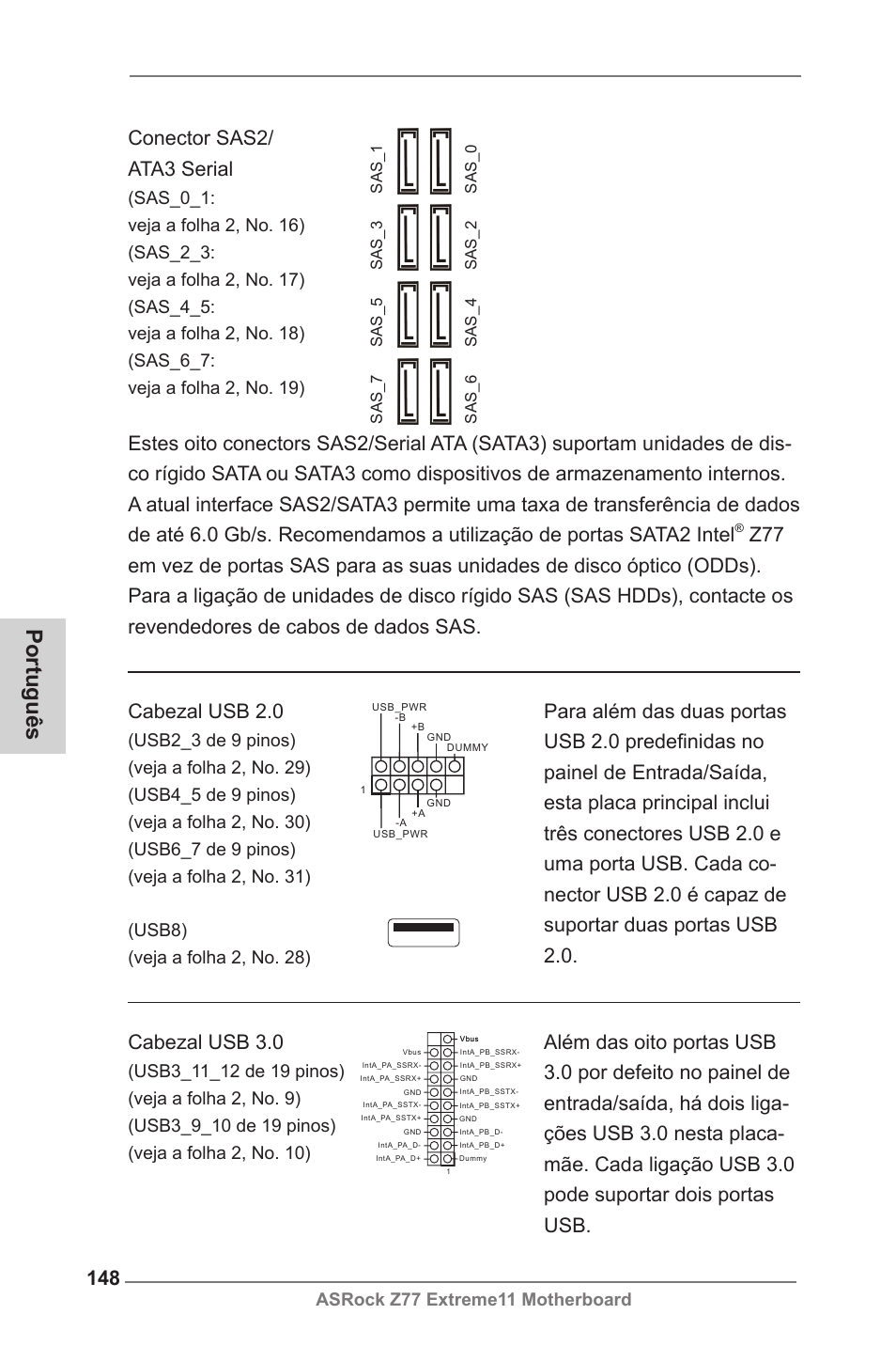 Português, Cabezal usb 3.0, Conector sas2/ ata3 serial | Asrock z77 extreme11 motherboard | ASRock Z77 Extreme11 User Manual | Page 148 / 241