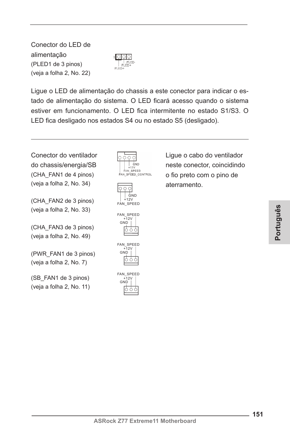 Português, Conector do ventilador do chassis/energia/sb | ASRock Z77 Extreme11 User Manual | Page 151 / 241