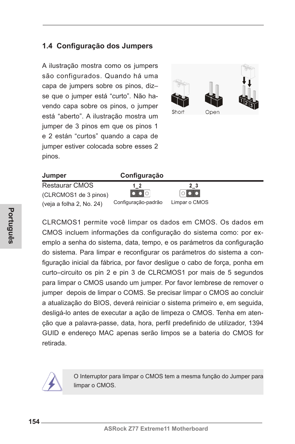 Português 1.4 configuração dos jumpers | ASRock Z77 Extreme11 User Manual | Page 154 / 241