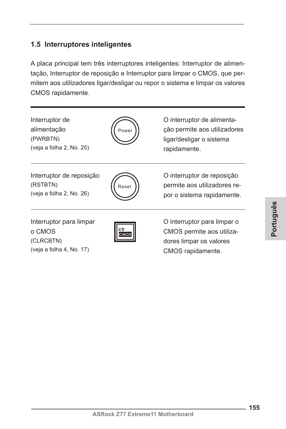 Português, 5 interruptores inteligentes | ASRock Z77 Extreme11 User Manual | Page 155 / 241