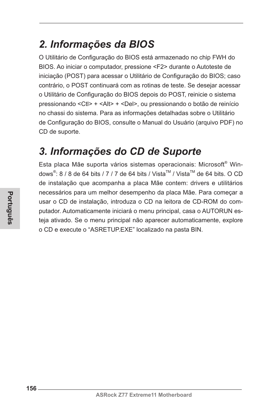 Informações da bios, Informações do cd de suporte | ASRock Z77 Extreme11 User Manual | Page 156 / 241