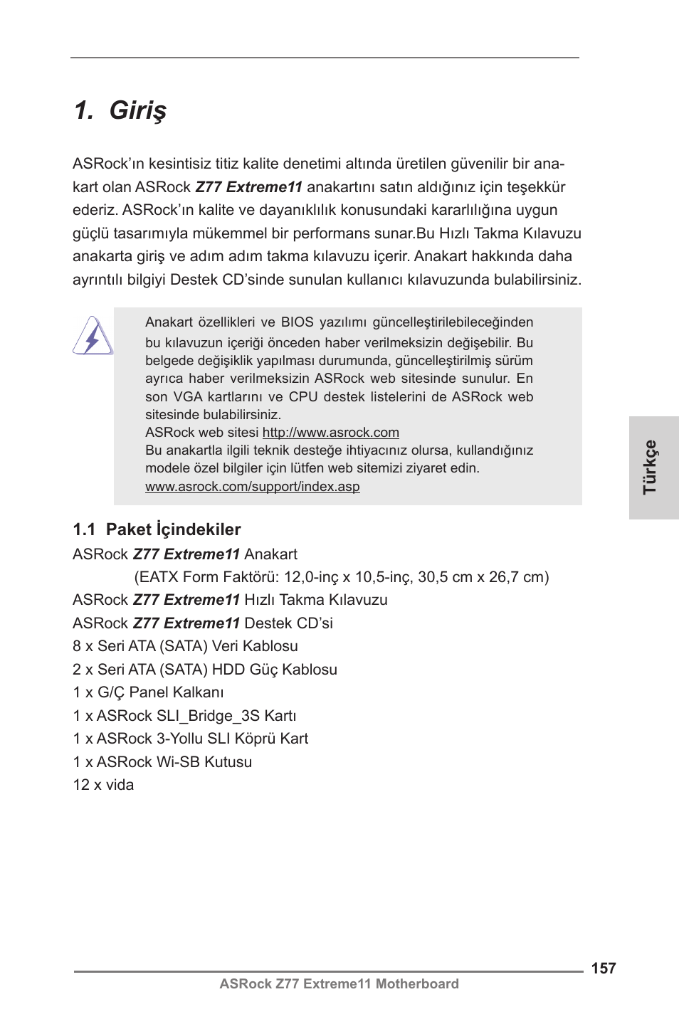 Turkish, Giriş | ASRock Z77 Extreme11 User Manual | Page 157 / 241