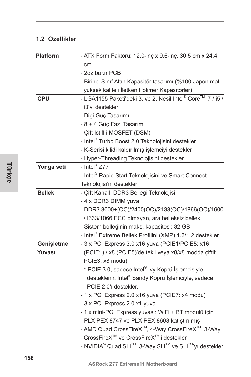 Türkçe 1.2 özellikler | ASRock Z77 Extreme11 User Manual | Page 158 / 241