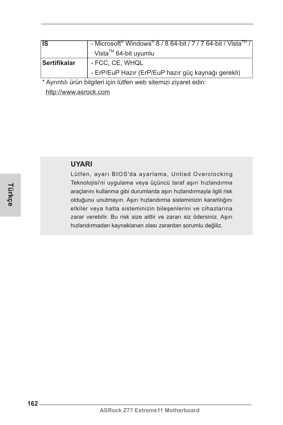 Türkçe, Uyari | ASRock Z77 Extreme11 User Manual | Page 162 / 241