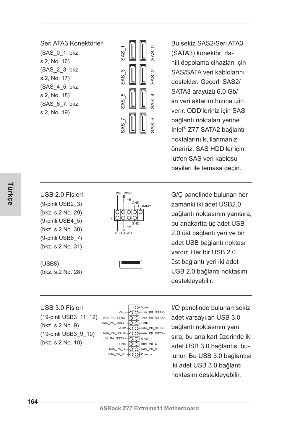 Türkçe, Usb 3.0 fişleri, Usb 2.0 fişleri | Seri ata3 konektörler, Asrock z77 extreme11 motherboard | ASRock Z77 Extreme11 User Manual | Page 164 / 241