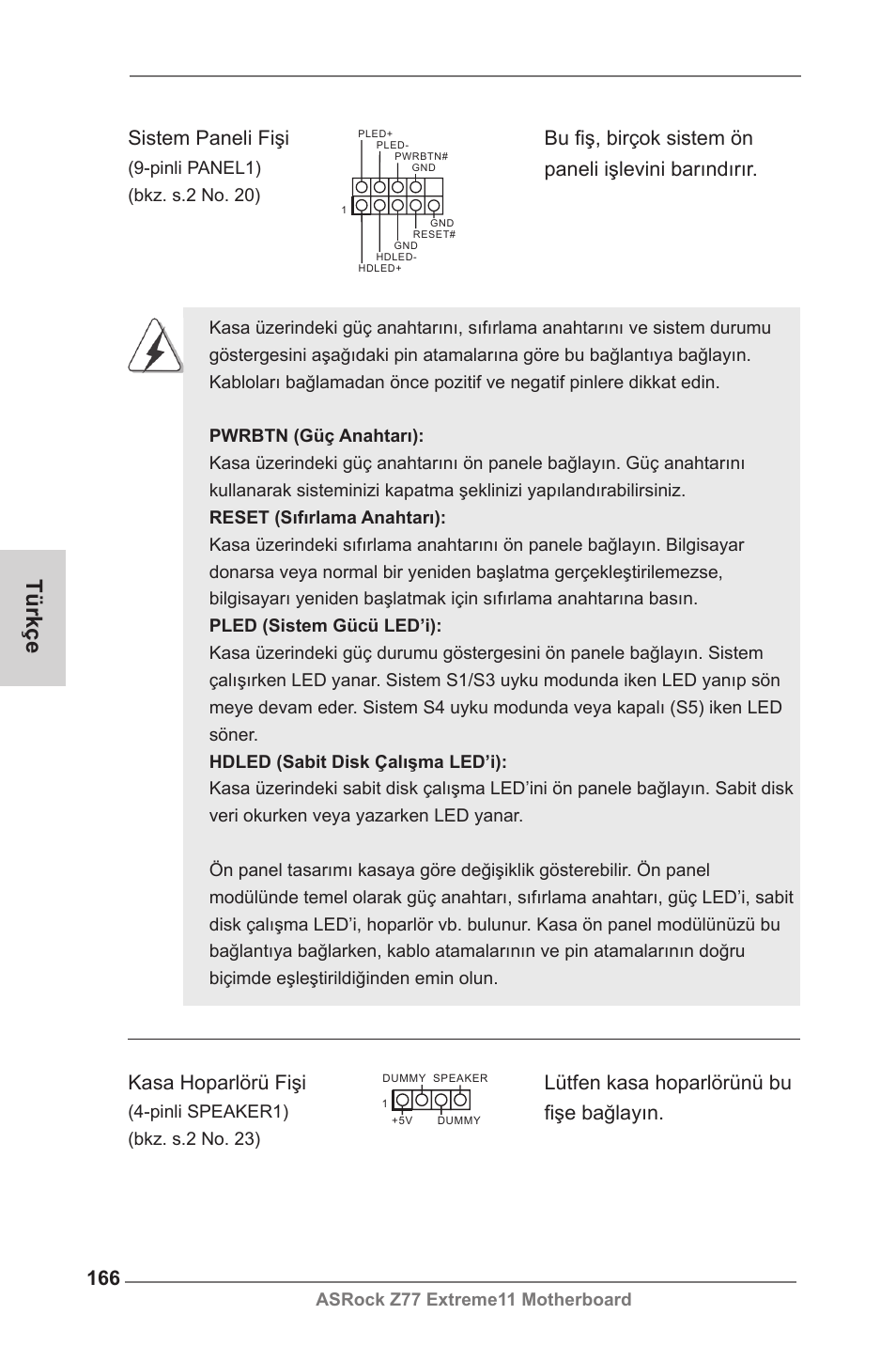 Türkçe, Sistem paneli fişi | ASRock Z77 Extreme11 User Manual | Page 166 / 241