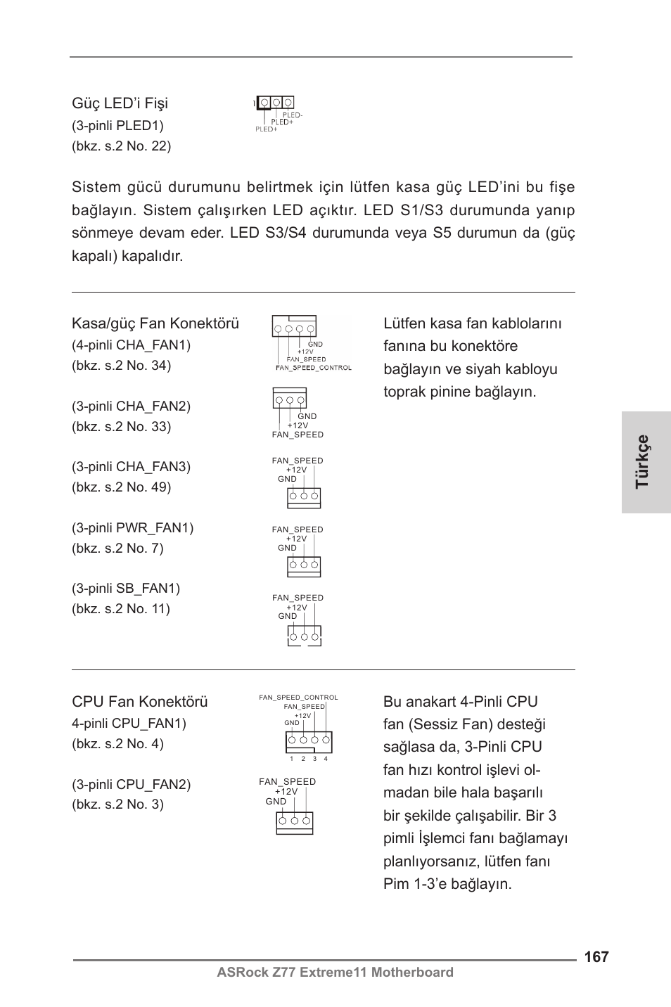 Türkçe, Cpu fan konektörü, Asrock z77 extreme11 motherboard | Pinli pled1) (bkz. s.2 no. 22) | ASRock Z77 Extreme11 User Manual | Page 167 / 241
