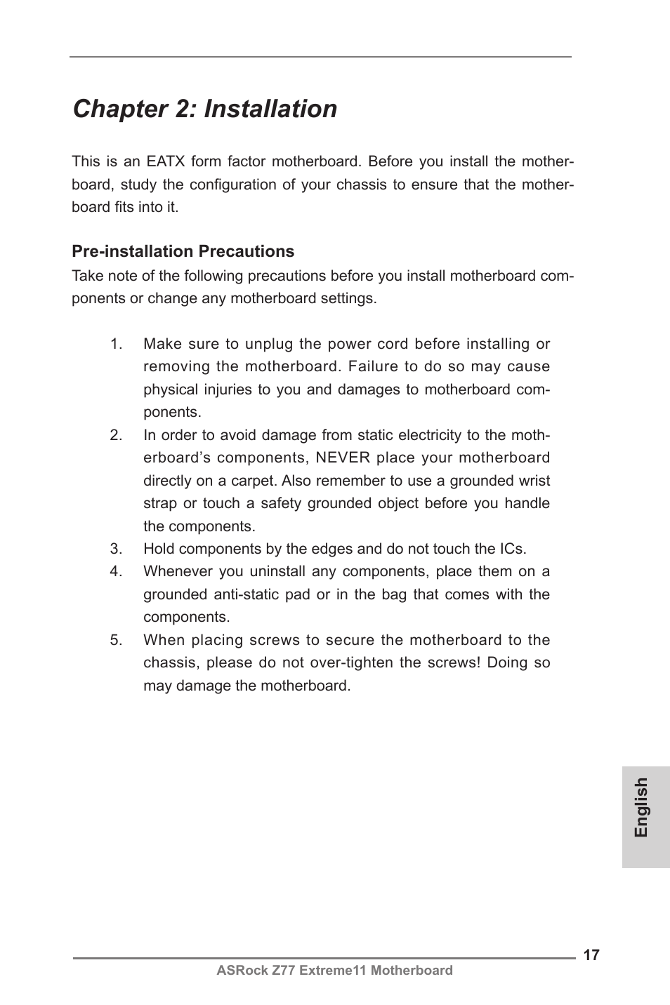 Chapter 2: installation | ASRock Z77 Extreme11 User Manual | Page 17 / 241