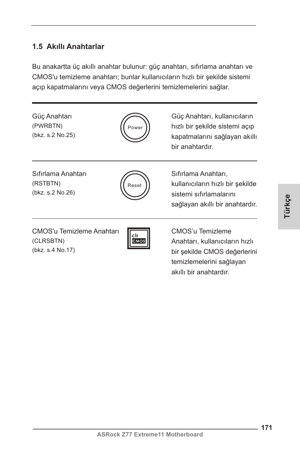 Türkçe, 5 akıllı anahtarlar | ASRock Z77 Extreme11 User Manual | Page 171 / 241