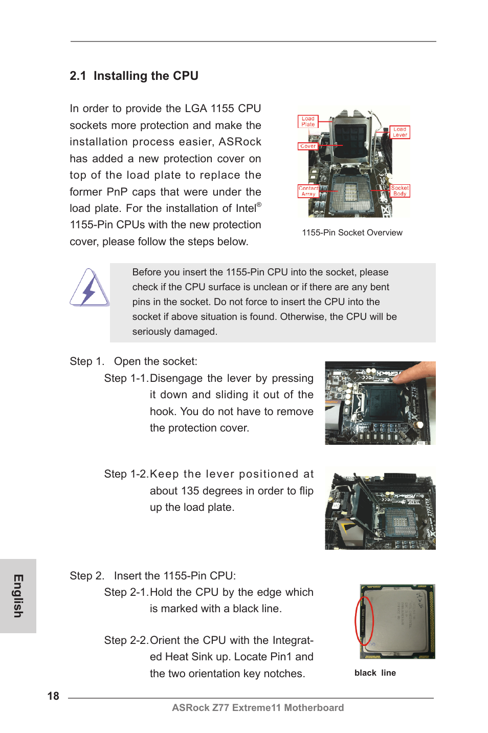 English 2.1 installing the cpu | ASRock Z77 Extreme11 User Manual | Page 18 / 241