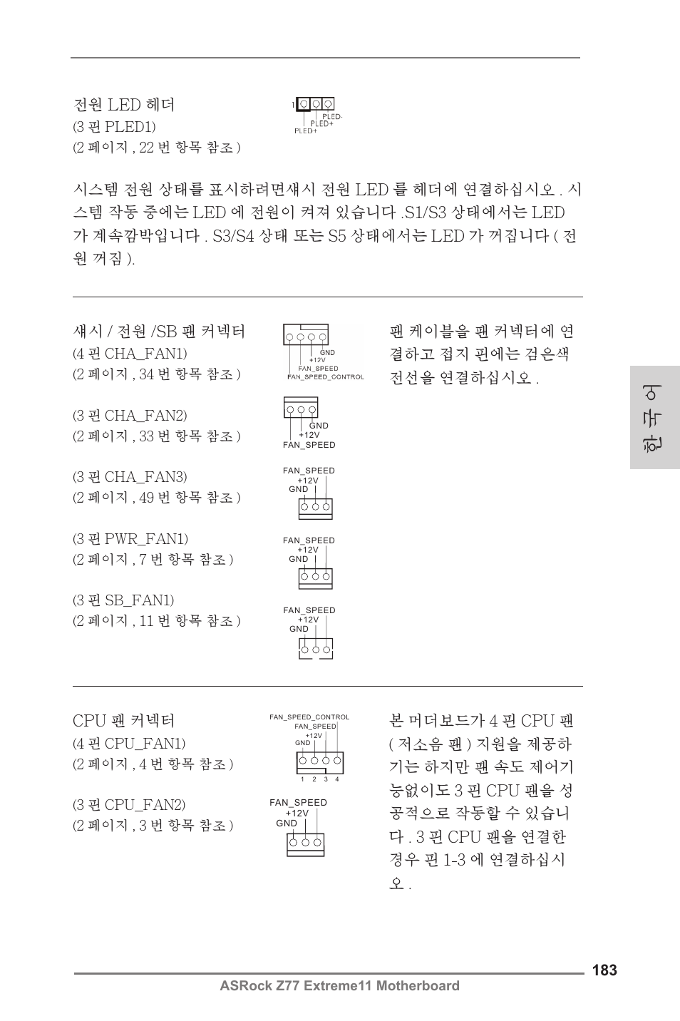 한 국 어, Cpu 팬 커넥터, 전원 led 헤더 | ASRock Z77 Extreme11 User Manual | Page 183 / 241