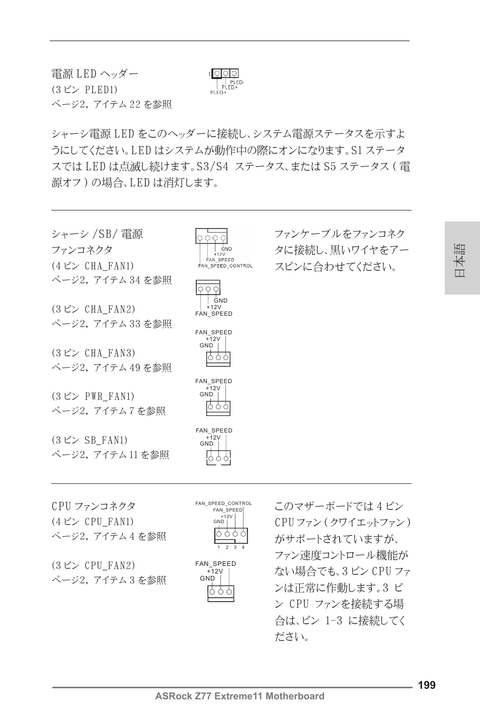 Cpu ファンコネクタ, 電源 led ヘッダー, Asrock z77 extreme11 motherboard | 3 ピン pled1) ページ２, アイテム 22 を参照 | ASRock Z77 Extreme11 User Manual | Page 199 / 241