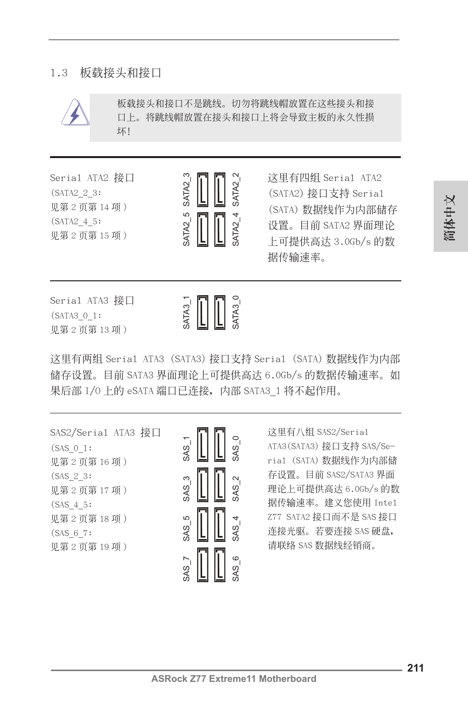 簡體中文, 3 板載接頭和接口 | ASRock Z77 Extreme11 User Manual | Page 211 / 241