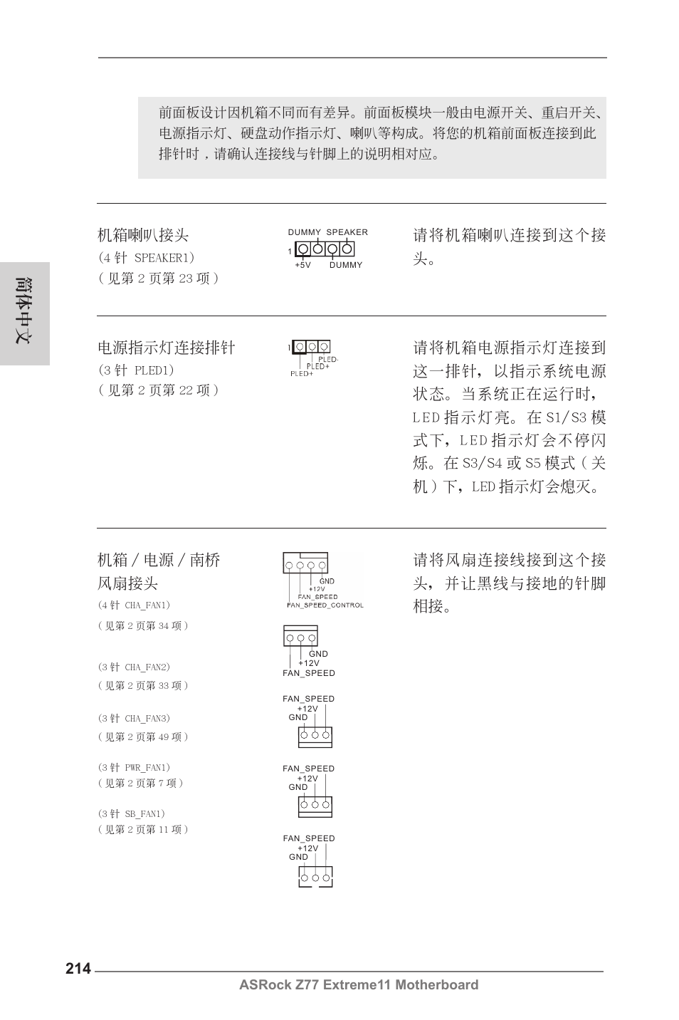 簡體中文, 電源指示燈連接排針, 機箱 / 電源 / 南橋 風扇接頭 | 機箱喇叭接頭, Asrock z77 extreme11 motherboard | ASRock Z77 Extreme11 User Manual | Page 214 / 241