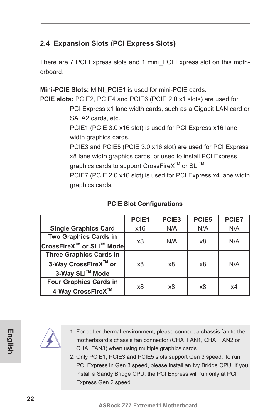 English 2.4 expansion slots (pci express slots) | ASRock Z77 Extreme11 User Manual | Page 22 / 241