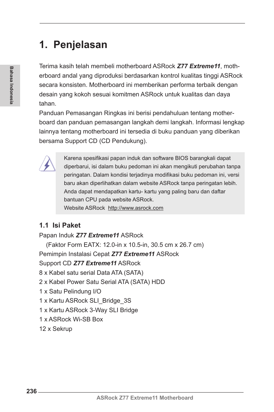 Indonesian, Penjelasan, 1 isi paket | ASRock Z77 Extreme11 User Manual | Page 236 / 241