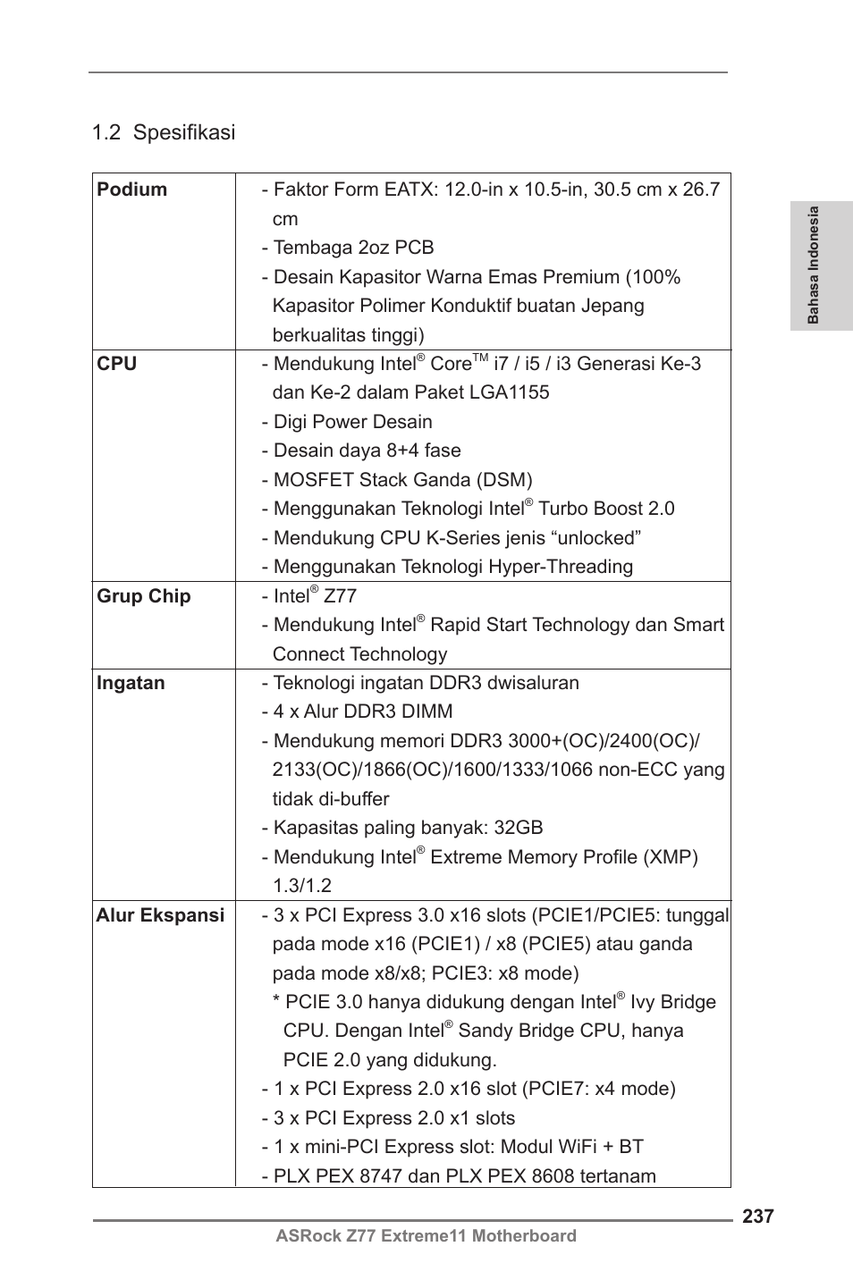 2 spesifikasi | ASRock Z77 Extreme11 User Manual | Page 237 / 241