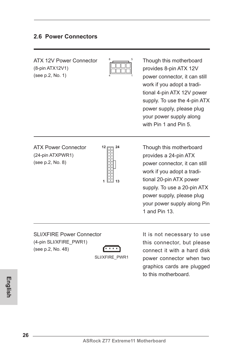 English, 6 power connectors | ASRock Z77 Extreme11 User Manual | Page 26 / 241