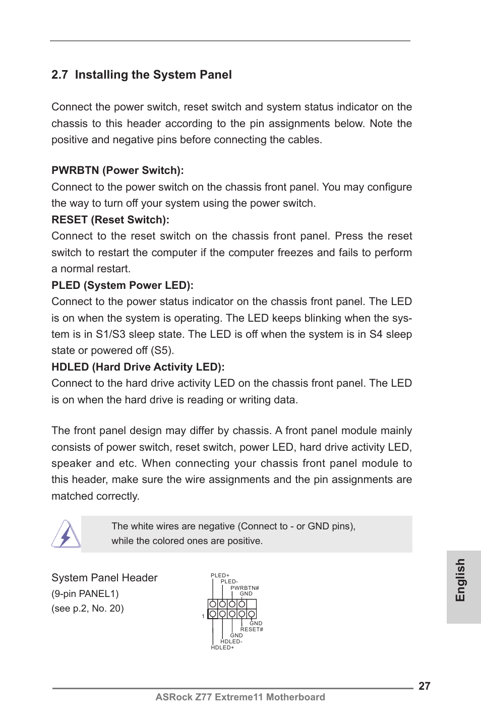 English 2.7 installing the system panel, System panel header | ASRock Z77 Extreme11 User Manual | Page 27 / 241