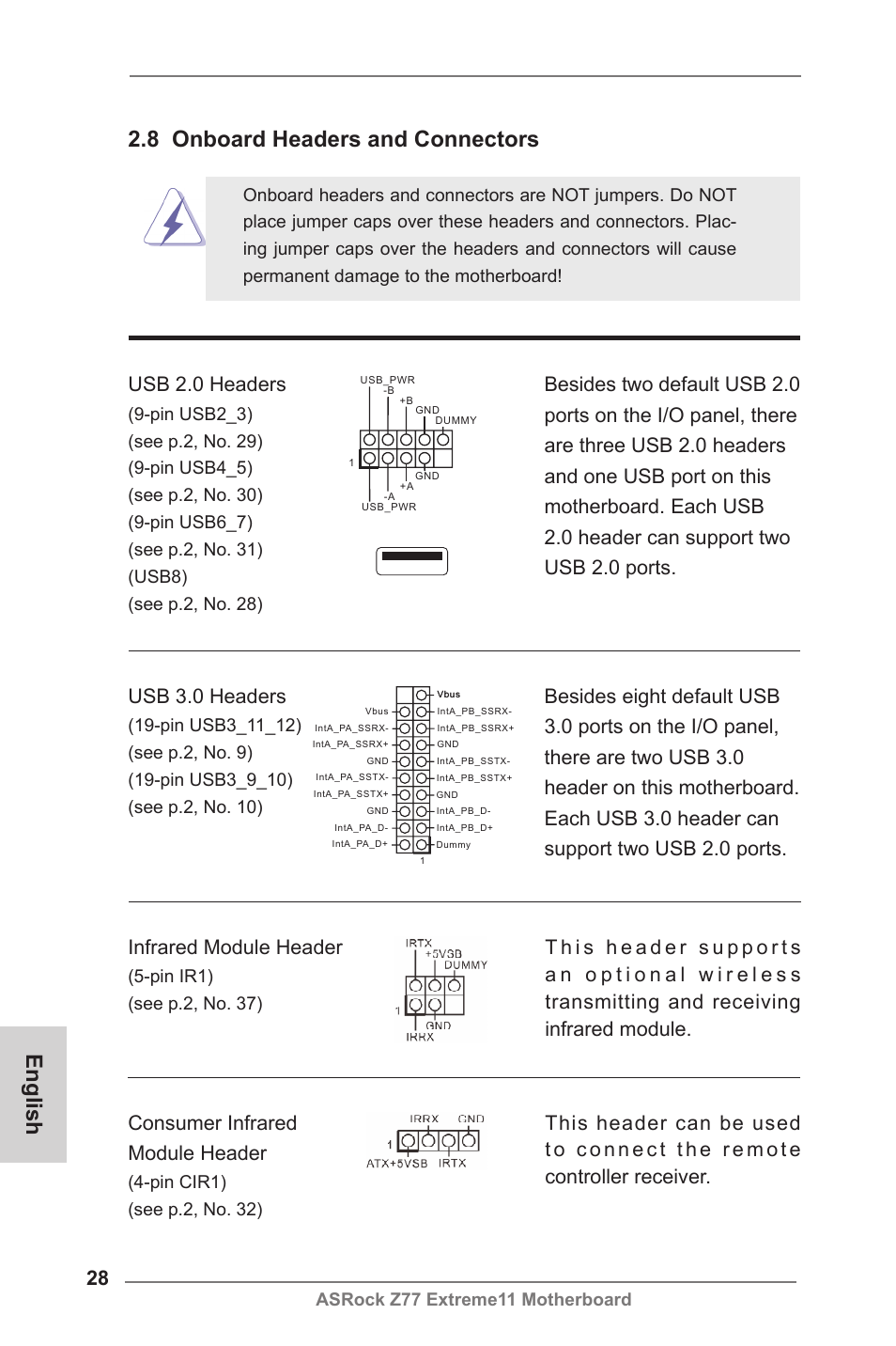 English 2.8 onboard headers and connectors, Consumer infrared module header, Usb 2.0 headers | Infrared module header, Asrock z77 extreme11 motherboard, Pin cir1) (see p.2, no. 32), Pin ir1) (see p.2, no. 37) | ASRock Z77 Extreme11 User Manual | Page 28 / 241