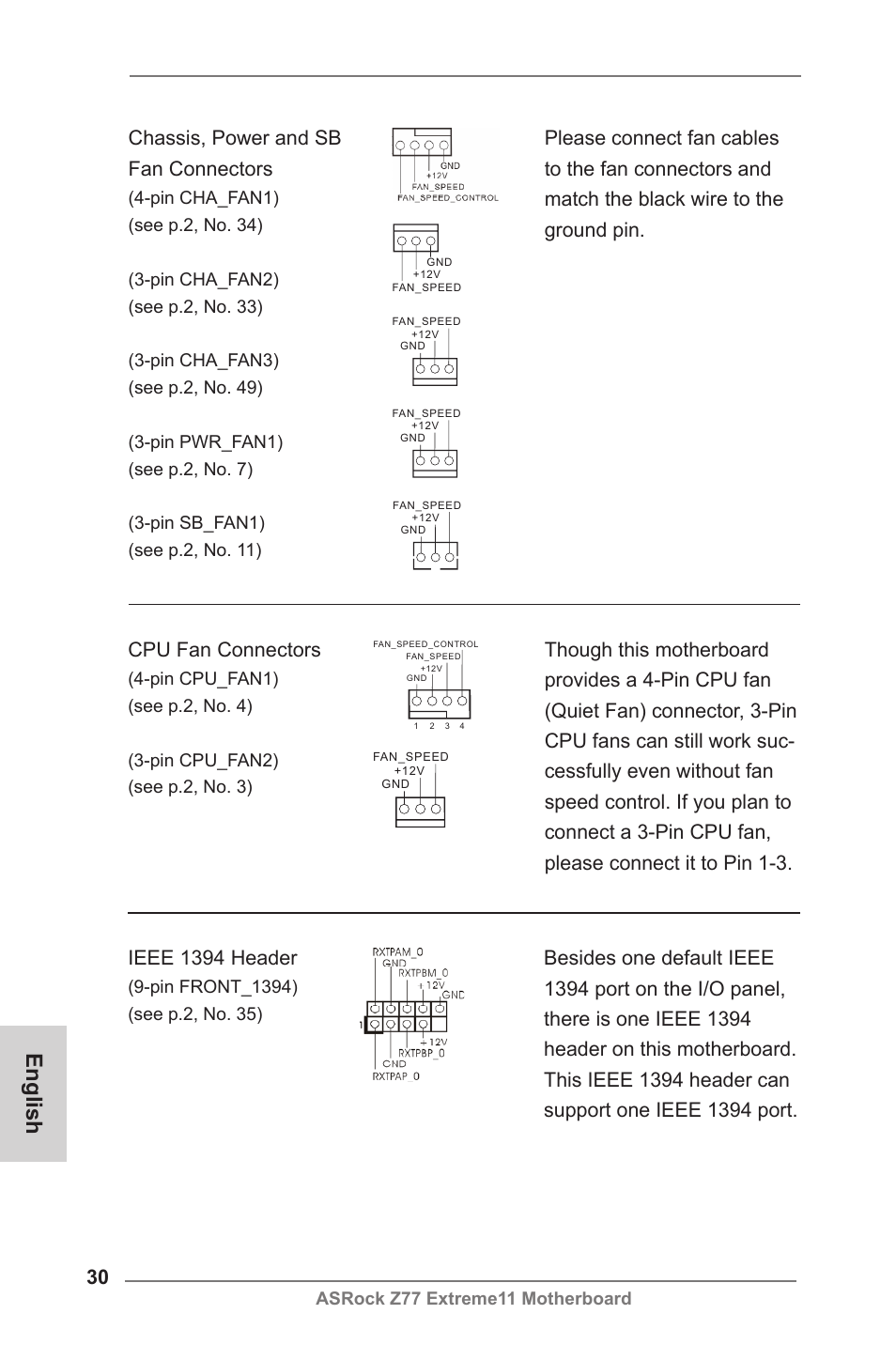 English, Chassis, power and sb fan connectors, Cpu fan connectors | Asrock z77 extreme11 motherboard | ASRock Z77 Extreme11 User Manual | Page 30 / 241