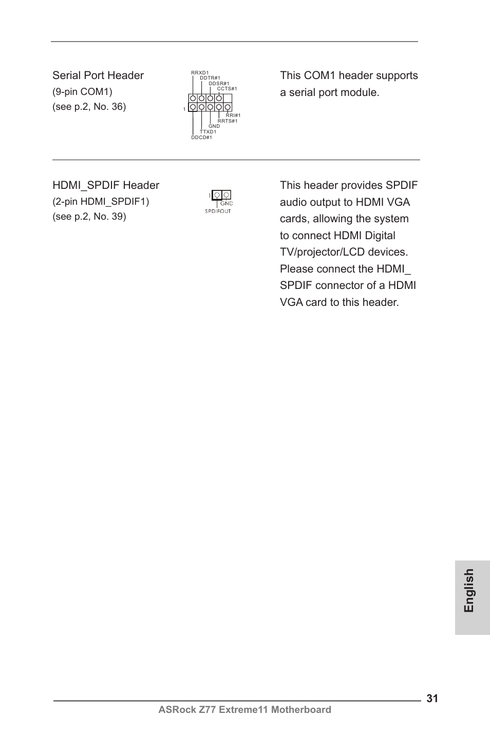 English, Hdmi_spdif header, Serial port header | Asrock z77 extreme11 motherboard, Pin hdmi_spdif1) (see p.2, no. 39), Pin com1) (see p.2, no. 36) | ASRock Z77 Extreme11 User Manual | Page 31 / 241