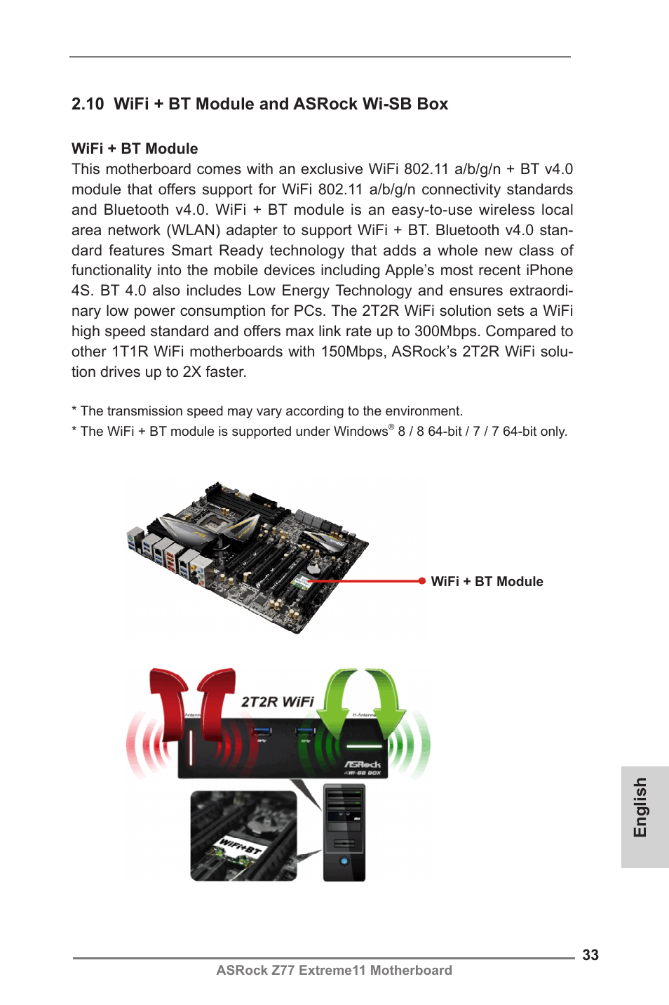 English 2.10 wifi + bt module and asrock wi-sb box | ASRock Z77 Extreme11 User Manual | Page 33 / 241