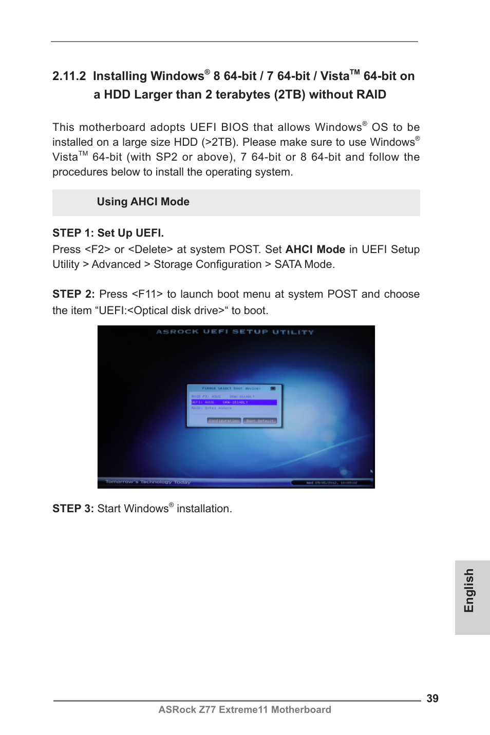 English 2.11.2 installing windows | ASRock Z77 Extreme11 User Manual | Page 39 / 241