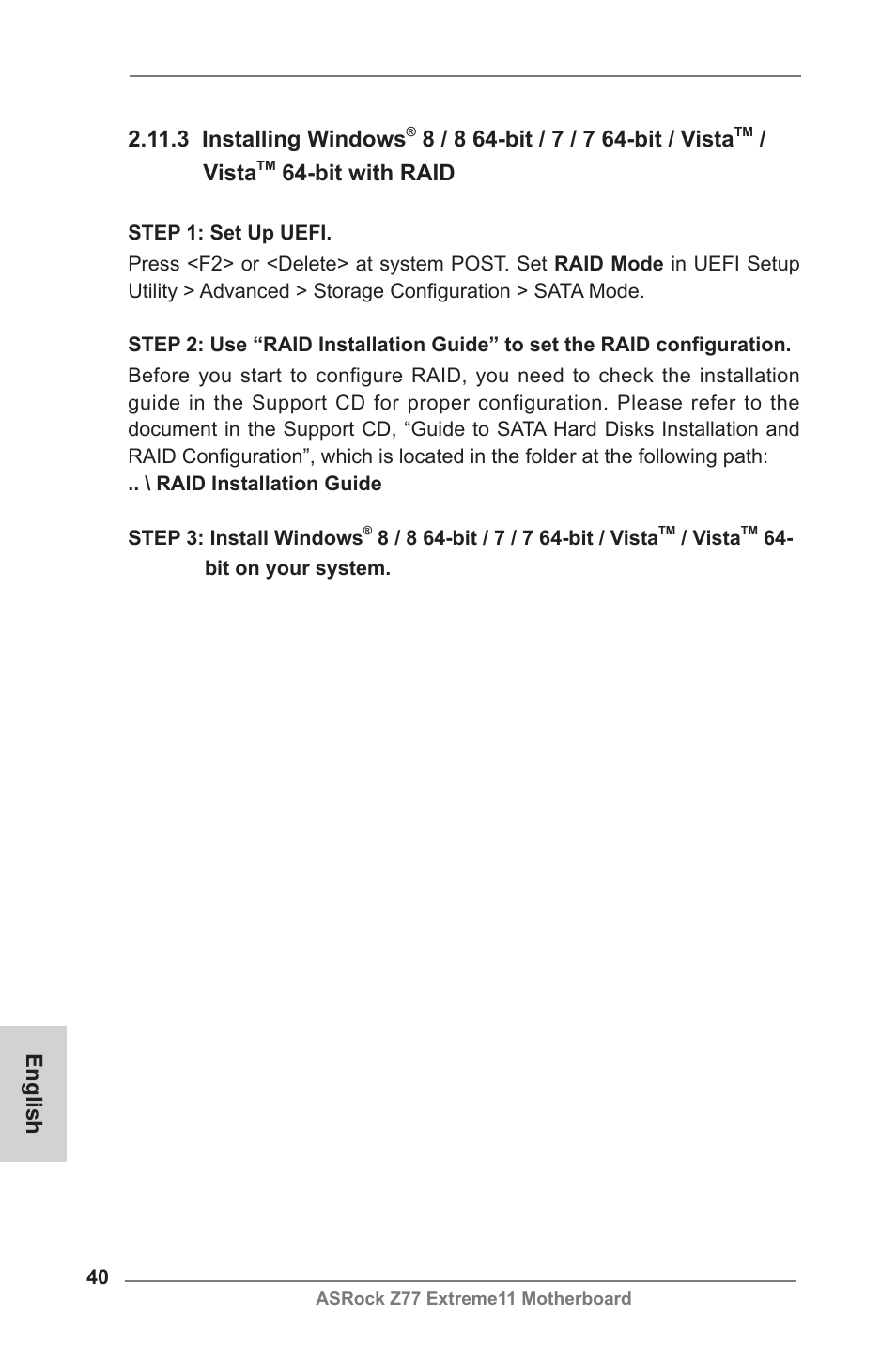 English 2.11.3 installing windows, Vista, Bit with raid | ASRock Z77 Extreme11 User Manual | Page 40 / 241