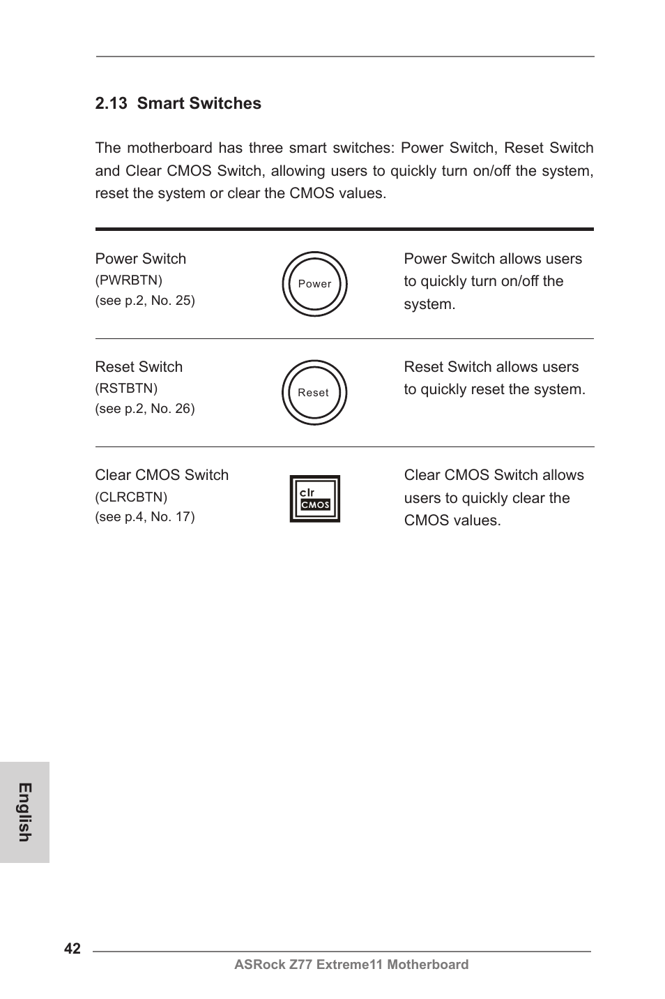 English, 13 smart switches | ASRock Z77 Extreme11 User Manual | Page 42 / 241