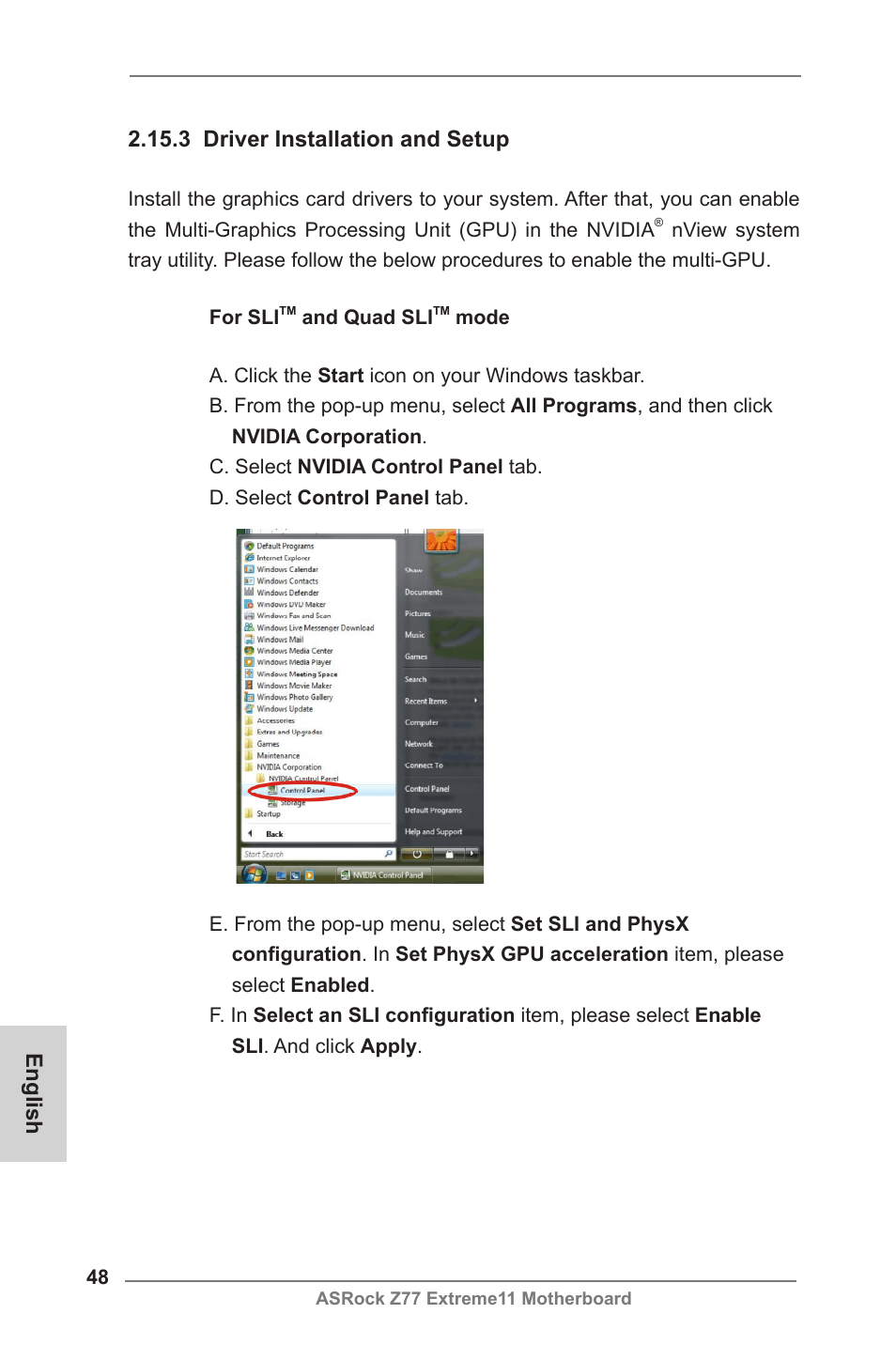 English 2.15.3 driver installation and setup | ASRock Z77 Extreme11 User Manual | Page 48 / 241