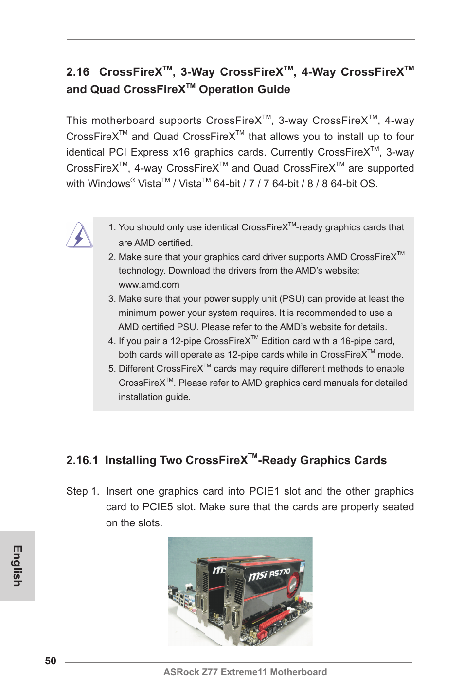 English 2.16 crossfirex, Way crossfirex, And quad crossfirex | Operation guide, 1 installing two crossfirex, Ready graphics cards | ASRock Z77 Extreme11 User Manual | Page 50 / 241