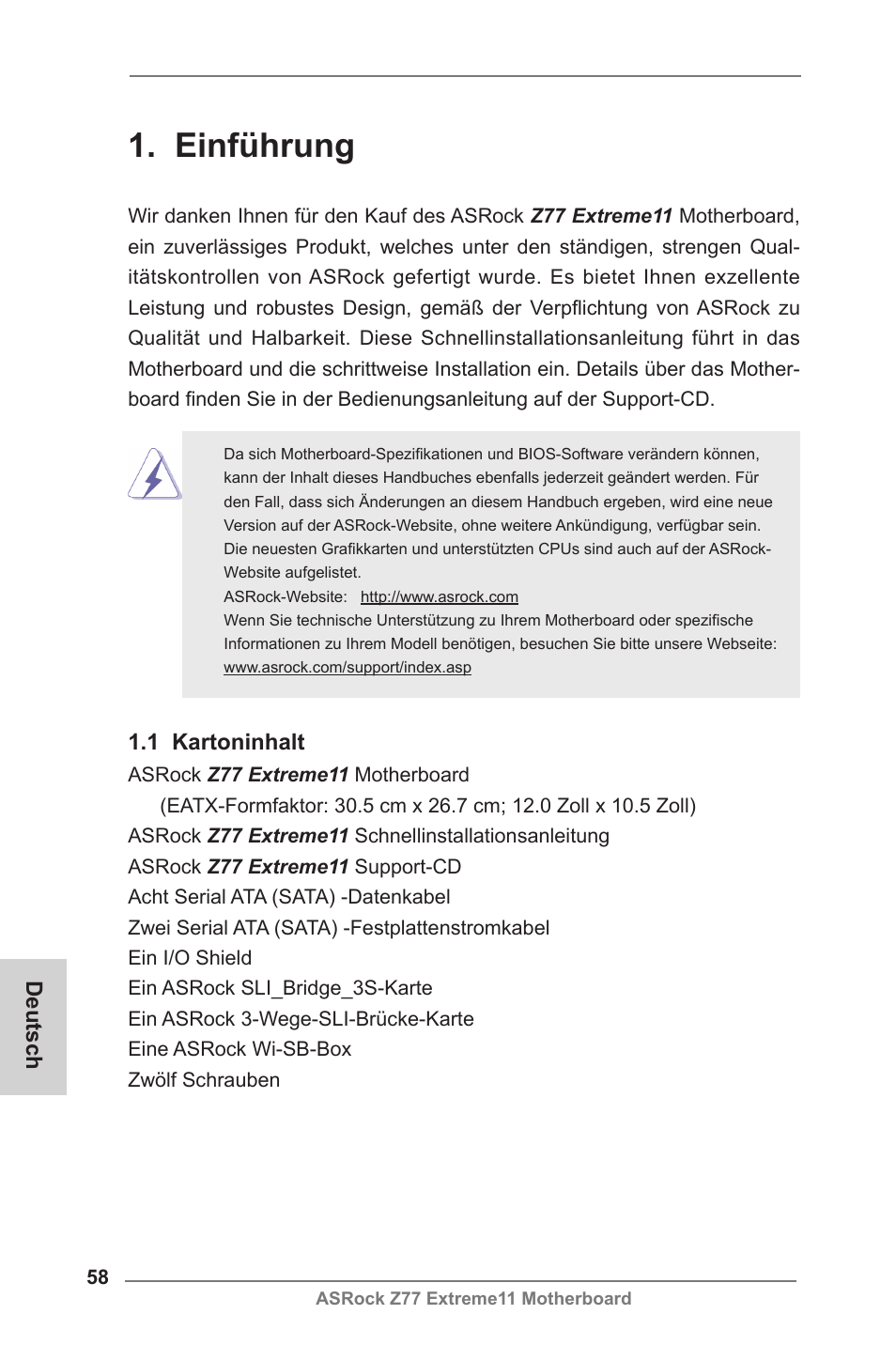 German, Einführung, Deutsch | 1 kartoninhalt | ASRock Z77 Extreme11 User Manual | Page 58 / 241