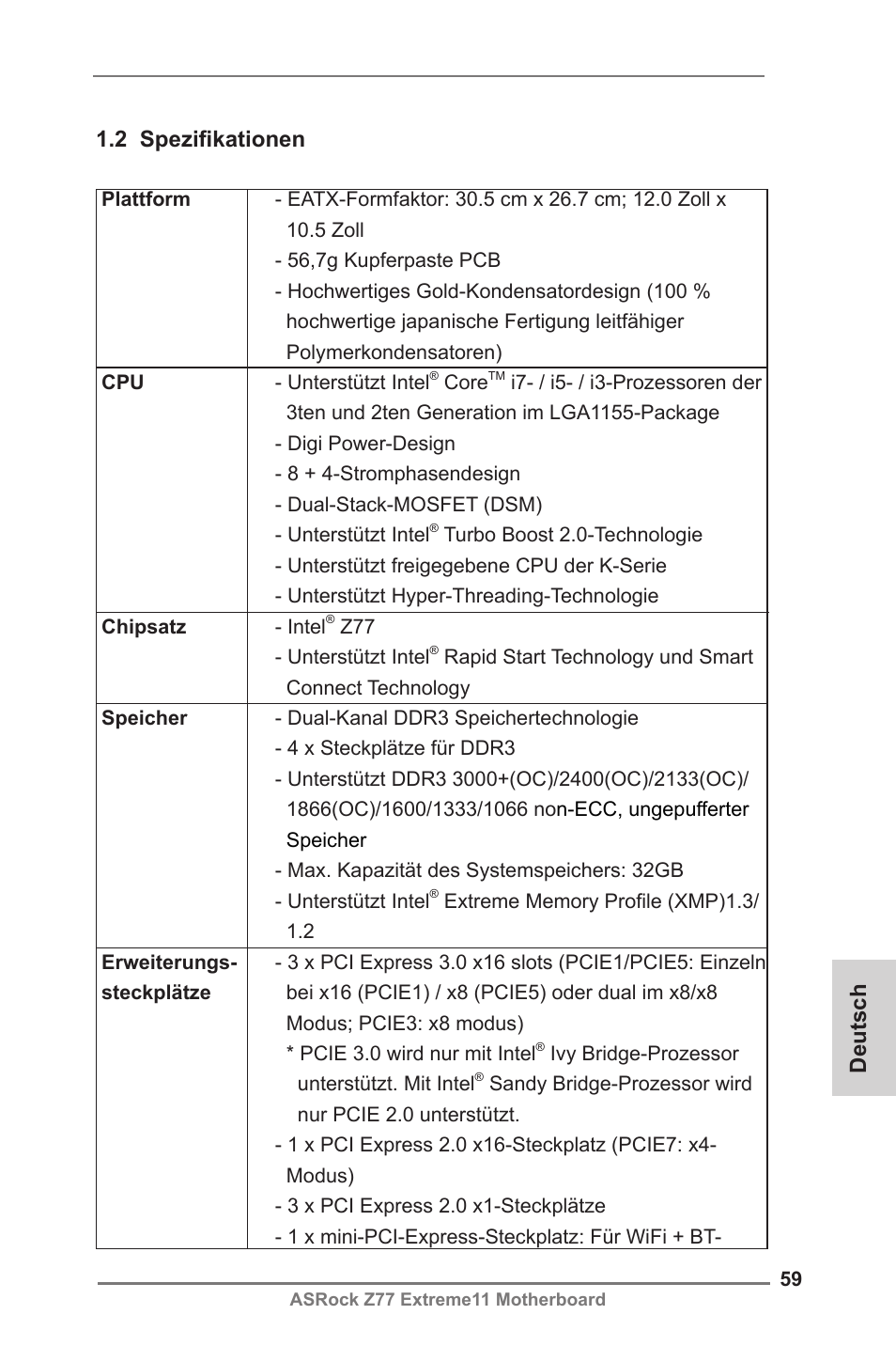 Françaisdeutsch 1.2 spezifikationen | ASRock Z77 Extreme11 User Manual | Page 59 / 241