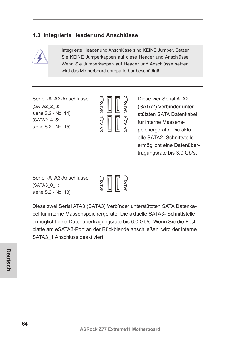 Deutsch, 3 integrierte header und anschlüsse | ASRock Z77 Extreme11 User Manual | Page 64 / 241