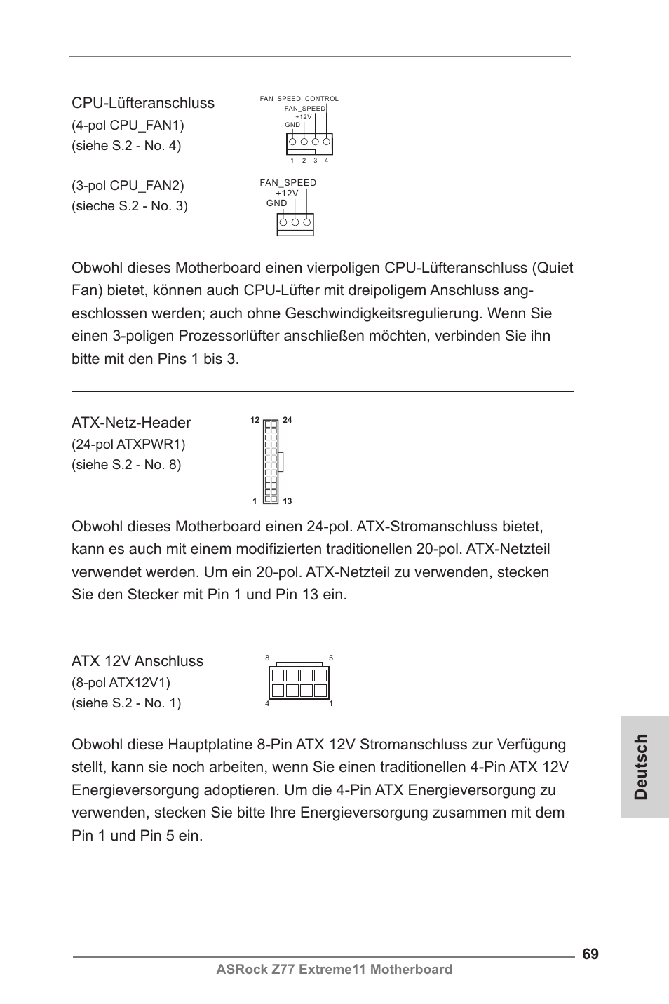 Françaisdeutsch, Atx 12v anschluss, Asrock z77 extreme11 motherboard | Pol atxpwr1) (siehe s.2 - no. 8) | ASRock Z77 Extreme11 User Manual | Page 69 / 241