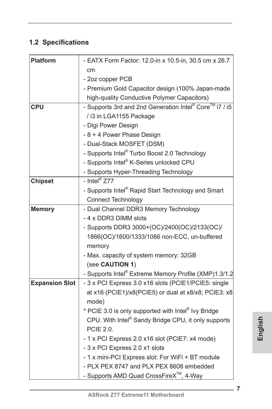 English 1.2 specifications | ASRock Z77 Extreme11 User Manual | Page 7 / 241