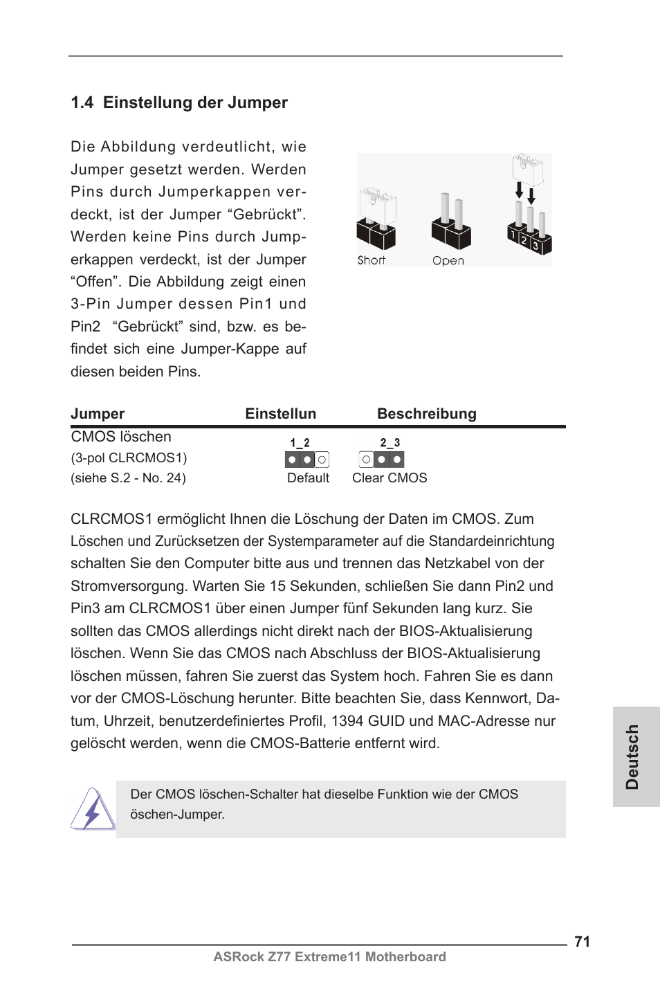 Françaisdeutsch 1.4 einstellung der jumper | ASRock Z77 Extreme11 User Manual | Page 71 / 241