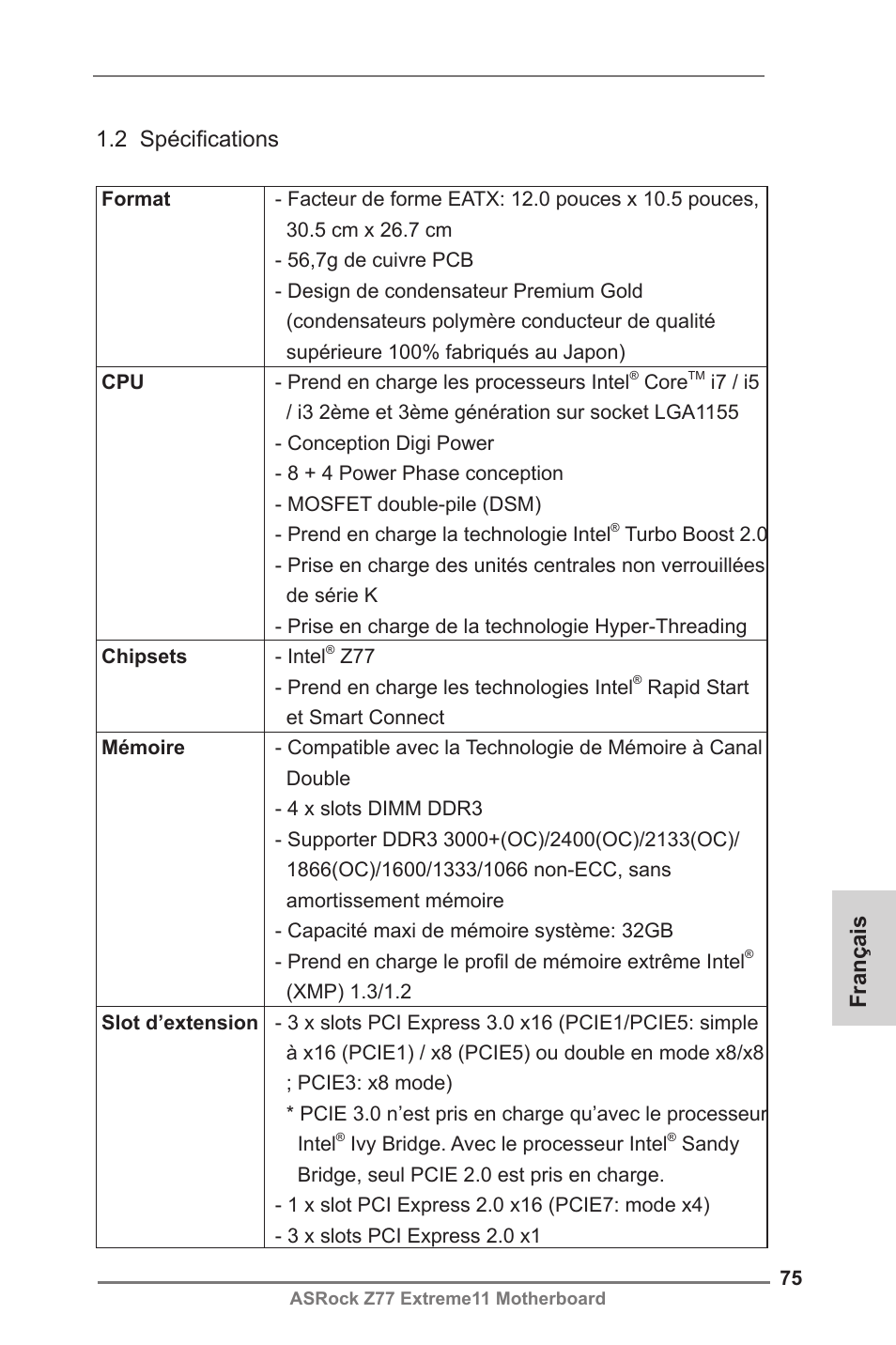 Français 1.2 spécifications | ASRock Z77 Extreme11 User Manual | Page 75 / 241