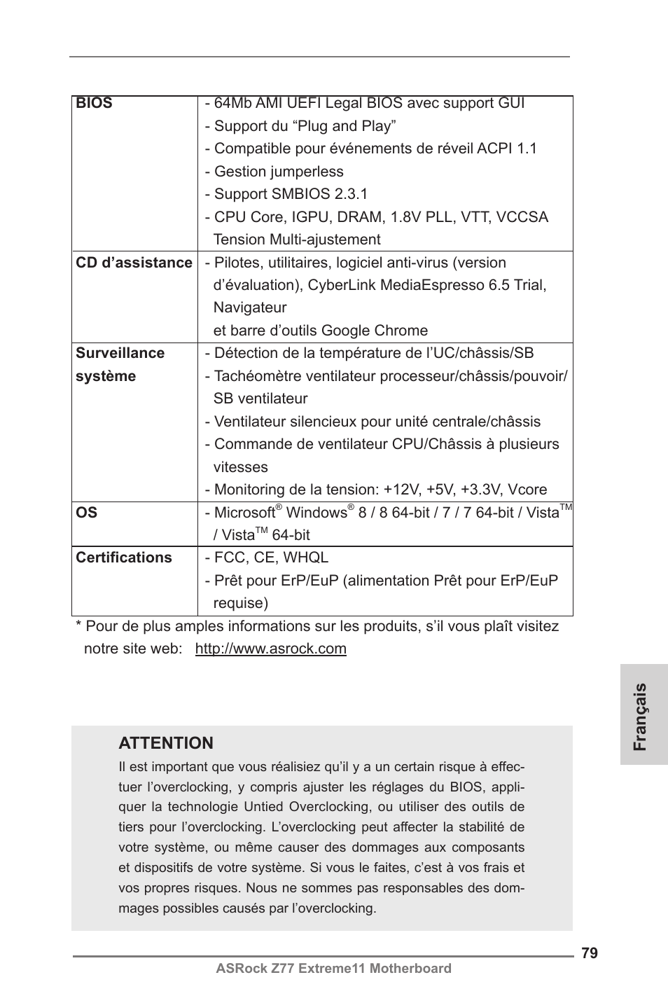 Français, Attention | ASRock Z77 Extreme11 User Manual | Page 79 / 241