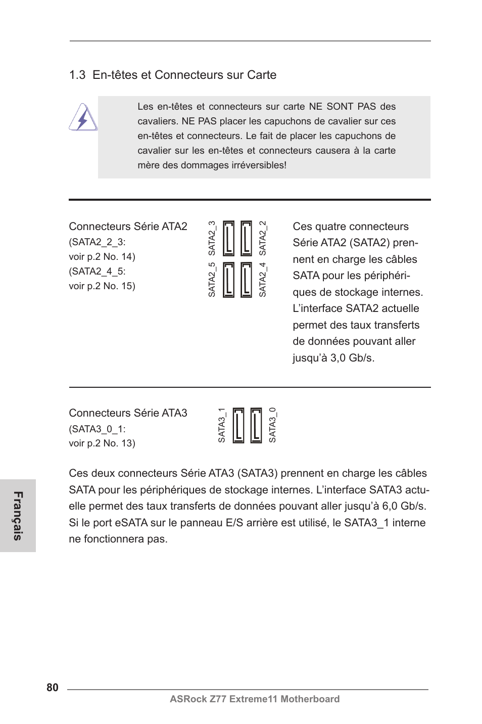 Français, 3 en-têtes et connecteurs sur carte | ASRock Z77 Extreme11 User Manual | Page 80 / 241