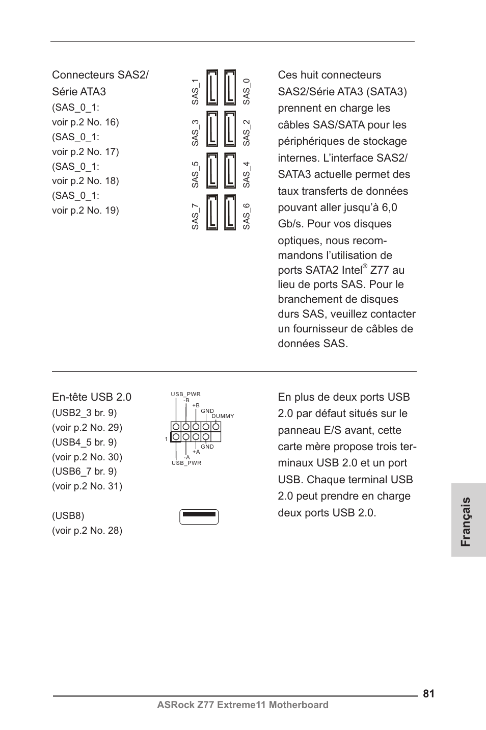 Français, Connecteurs sas2/ série ata3 | ASRock Z77 Extreme11 User Manual | Page 81 / 241