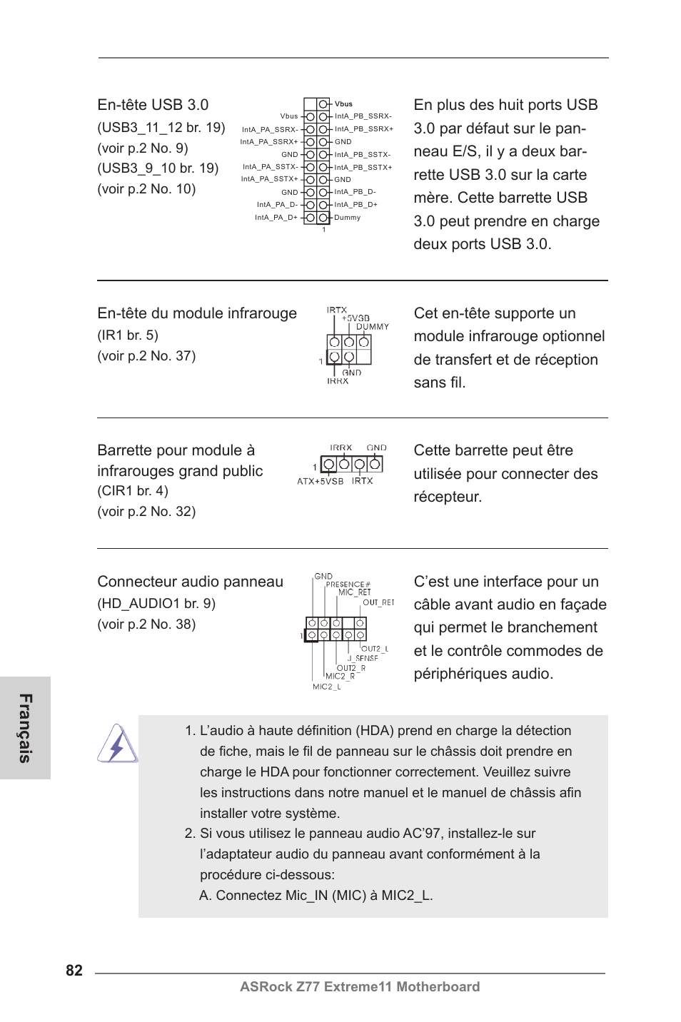 Français, Connecteur audio panneau, En-tête usb 3.0 | En-tête du module infrarouge, Barrette pour module à infrarouges grand public, Asrock z77 extreme11 motherboard | ASRock Z77 Extreme11 User Manual | Page 82 / 241