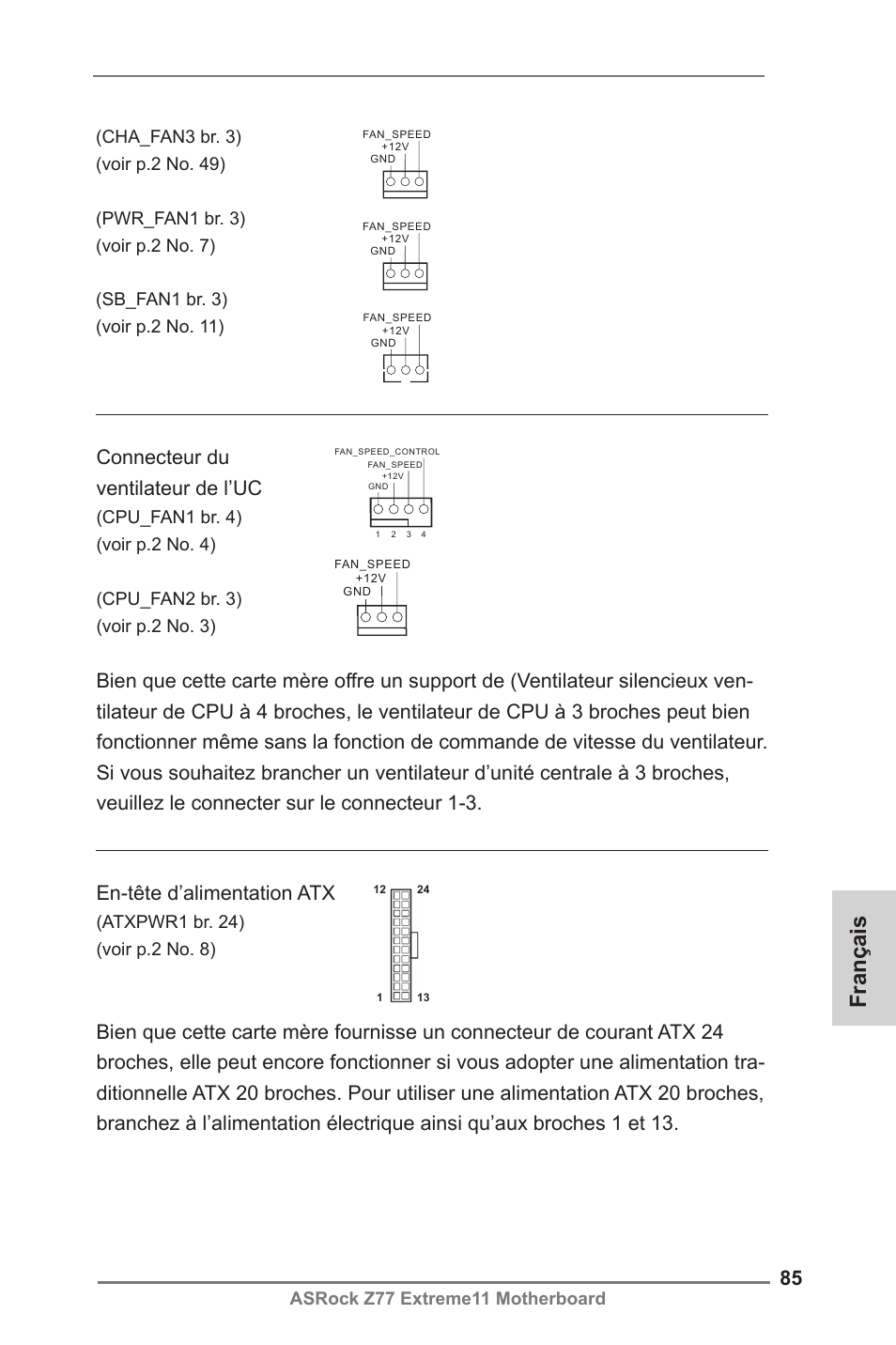 Français, Connecteur du ventilateur de l’uc, Asrock z77 extreme11 motherboard | ASRock Z77 Extreme11 User Manual | Page 85 / 241