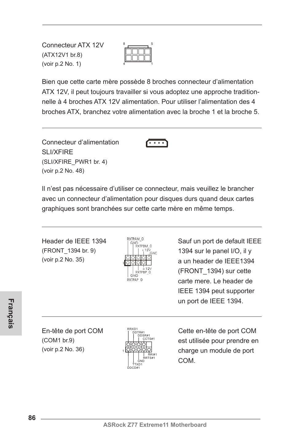 Français, Connecteur atx 12v, Connecteur d’alimentation sli/xfire | Asrock z77 extreme11 motherboard | ASRock Z77 Extreme11 User Manual | Page 86 / 241