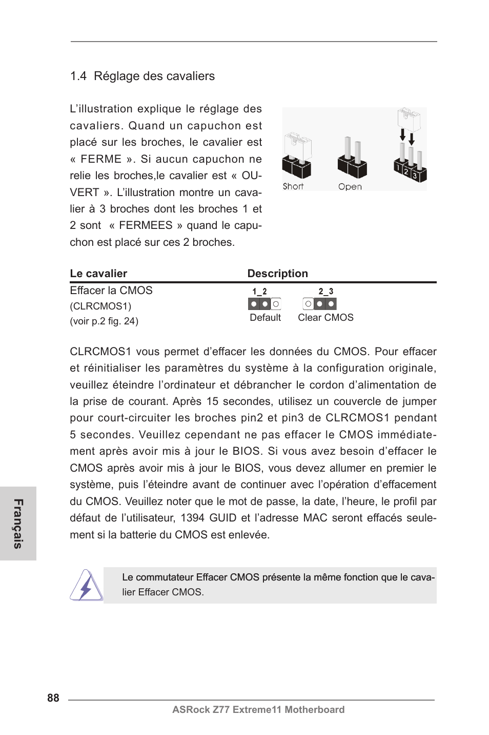 Français 1.4 réglage des cavaliers | ASRock Z77 Extreme11 User Manual | Page 88 / 241