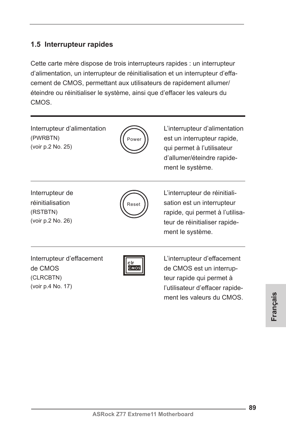 Français, 5 interrupteur rapides | ASRock Z77 Extreme11 User Manual | Page 89 / 241